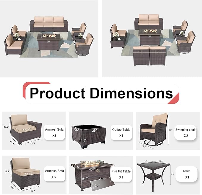 Patio Furniture Sectional Sofa Set 10-Pieces PE Rattan Swivel Rocking Chairs Outdoor Furniture Set w/43in Gas Fire Pit Table, Patio Conversation with 55000 BTU Propane Fire Pit, Sand