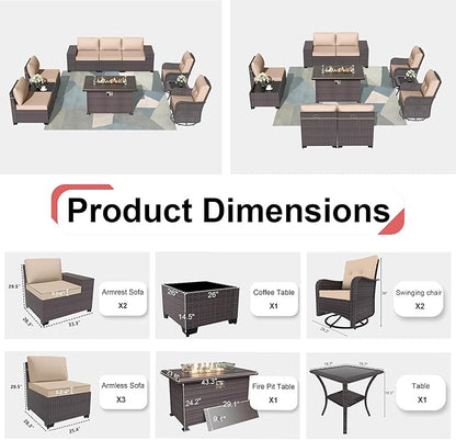 Patio Furniture Sectional Sofa Set 10-Pieces PE Rattan Swivel Rocking Chairs Outdoor Furniture Set w/43in Gas Fire Pit Table, Patio Conversation with 55000 BTU Propane Fire Pit, Sand