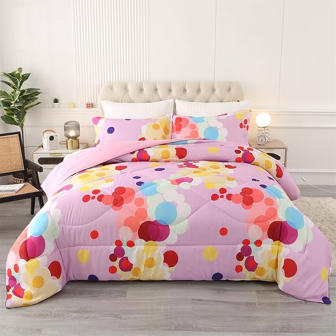 ENCOFT Pink Comforter Set Queen for Girls and Boys, Premium 3 Piece Colorful Bubbles Bedding Set Color, Comfortable and Breathable for Teens and Adults, 1 Comforter and 2 Pillowcases