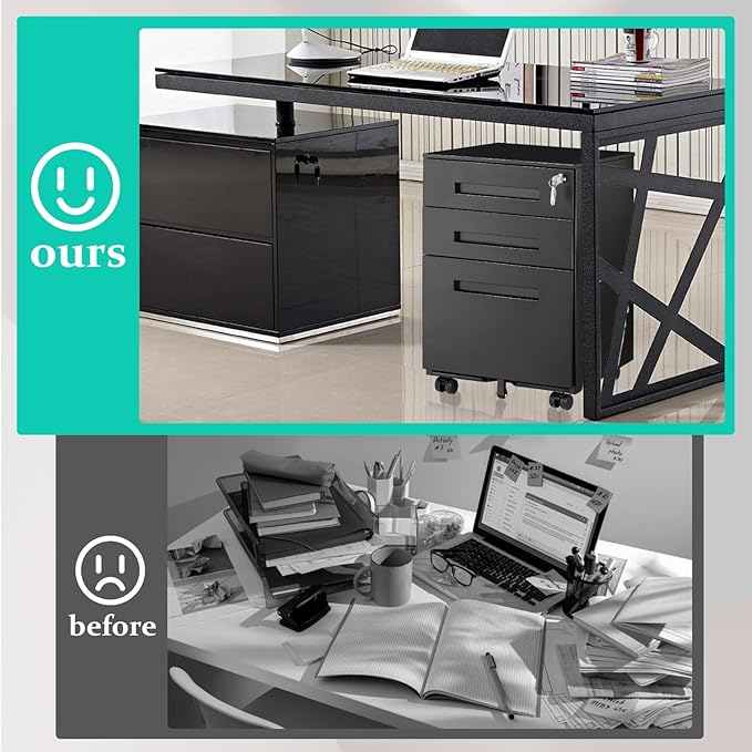 3-Drawer Mobile File Cabinets Rolling Metal Filing Cabinet for Legal & Letter File Anti-tilt Design with Lock Under Desk Office Drawers Fully Assembled Except Casters Black(Style 3)
