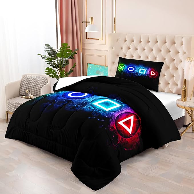 Gamer Comforter Sets for Boys, Twin Gaming Bedding Sets for Boys, Black Video Game Gamepad Twin Bed Sets for Boys Kids Bedroom Home Decor, 1 Comforter and 1 Pillowcase
