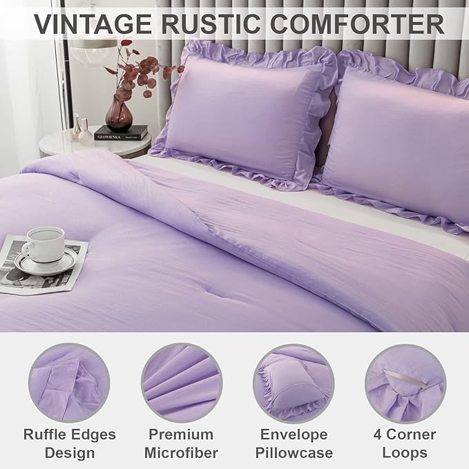 Andency Lavender Ruffle Comforter Full(79x90Inch), 3 Pieces(1 Ruffled Comforter and 2 Pillowcases) Solid Farmhouse Shabby Chic Comforter, Vintage Rustic Soft Microfiber Bedding Set