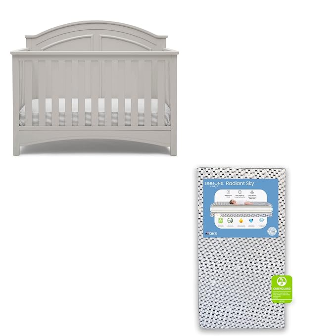 Delta Children Perry 6-in-1 Convertible Crib - Greenguard Gold Certified, Moonstruck Grey + Simmons Kids Radiant Sky Dual Sided Baby Crib Mattress and Toddler Mattress (Bundle)