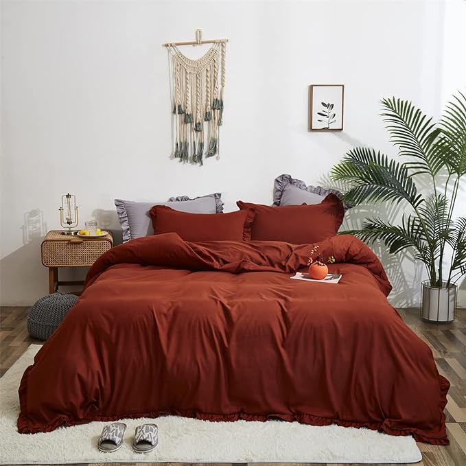 Rust Ruffled Comforter Set King Size Bedding Set Women Caramel Ruffles Blanket Men Burnt Orange Ruffled Comforter Farmhouse Ruffle Fringe Design Girls 3 PCs Cinnamon Color Ruffled Bedding Set