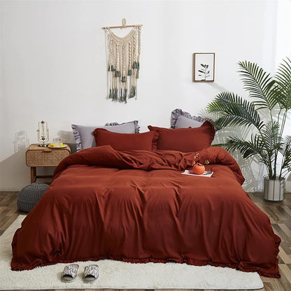 Rust Ruffled Comforter Set King Size Bedding Set Women Caramel Ruffles Blanket Men Burnt Orange Ruffled Comforter Farmhouse Ruffle Fringe Design Girls 3 PCs Cinnamon Color Ruffled Bedding Set