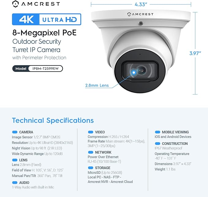 Amcrest 4K POE Security Camera System with 4K 8Ch PoE NVR (4) x 4K (8 Megapixel) Turret IP POE Cameras (3840x2160) Pre Installed 2TB Hard Drive NV4108E-IP8M-T2599EW4-2TB