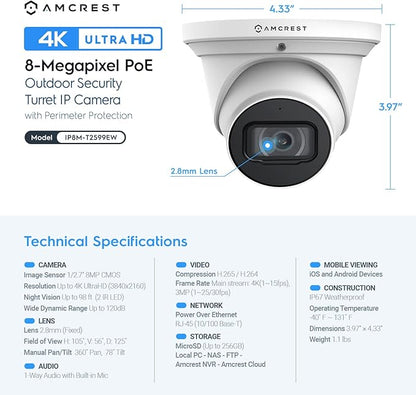 Amcrest 4K POE Security Camera System with 4K 8Ch PoE NVR (4) x 4K (8 Megapixel) Turret IP POE Cameras (3840x2160) Pre Installed 2TB Hard Drive NV4108E-IP8M-T2599EW4-2TB