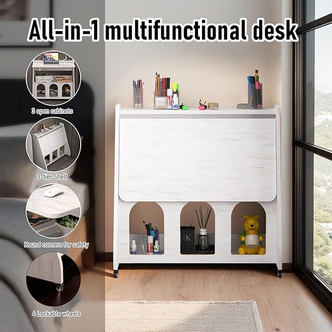 Pmnianhua Farmhouse Portable Desk on Wheels,Mobile Workstation,Rolling Computer Desk with Wheels and Storage for Home Office Small Space(white)