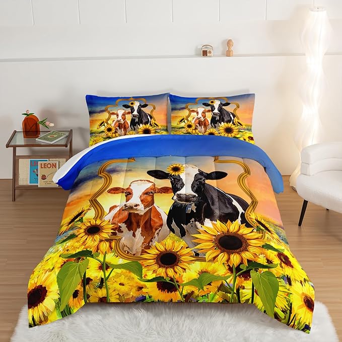 HOSIMA Animal Theme Bedding Set Bull and Cow Comforter with 2 Pillowcases,Sunflower Twin Bed in a Bag Sets for Adults Teens Kids,Brown Cowhide Black White Cow Print Western Bedding Sets.