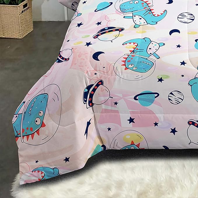 NINENINE Pink Dinosaur Bedding Set Colorful Rainbow Castle UFO Space Theme Comforter Set,Full Size Kids Bedding Sets for Boys Girls, Little Dinosaur Comforter Set with 1 Comforter 2 Pillowcases