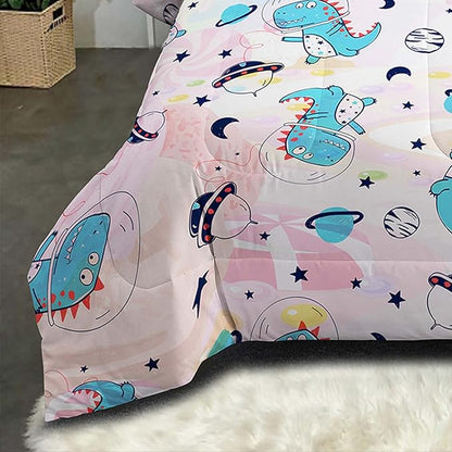 NINENINE Pink Dinosaur Bedding Set Colorful Rainbow Castle UFO Space Theme Comforter Set,Full Size Kids Bedding Sets for Boys Girls, Little Dinosaur Comforter Set with 1 Comforter 2 Pillowcases