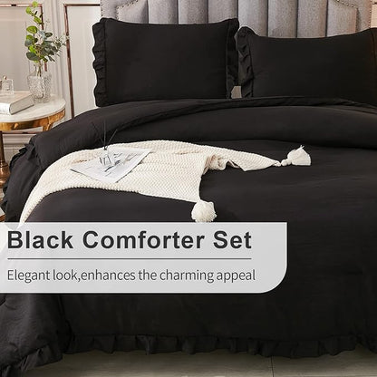 Andency Black Full Size Comforter Set, 3 Pieces Ruffle Farmhouse Shabby Chic Bedding Comforter & Sets, Soft Lightweight Fluffy All Season Down Alternative Bed Set for Boys Kids Men Women