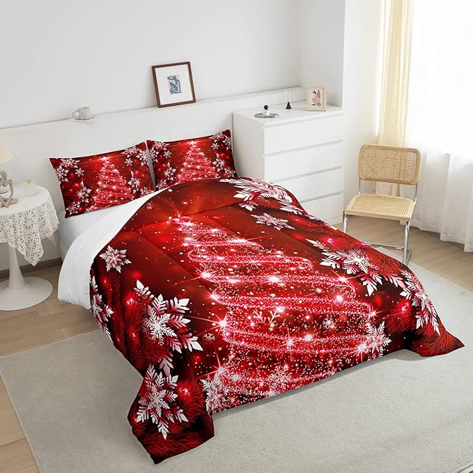 Feelyou Christmas Tree Comforter Set for Children Kids Boys Girls Luxury Chic Xmas Theme Bedding Set Glitter Snowflake Star Comforter Microfiber Red Duvet Set Room Decor Quilt Set Queen Size