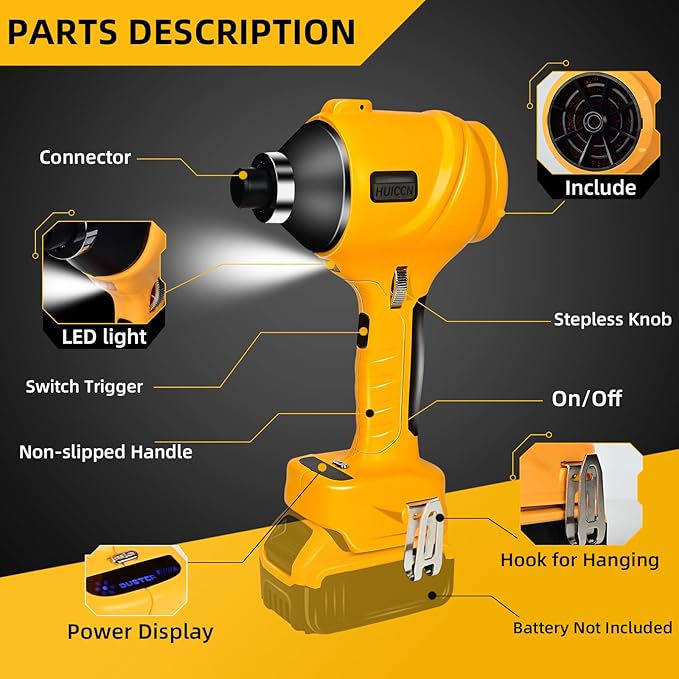 Cordless Dust Blower for Dewalt 20V Battery, Brushless Handheld Leaf Blower Compressed Air Duster 447 MPH for Garages Workshop Sawmill Room Home Cleaning(Battery Not Included)