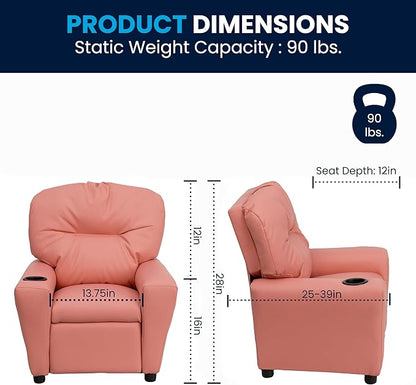 Flash Furniture Chandler Vinyl Kids Recliner with Cup Holder and Safety Recline, Contemporary Reclining Chair for Kids, Supports up to 90 lbs., Pink