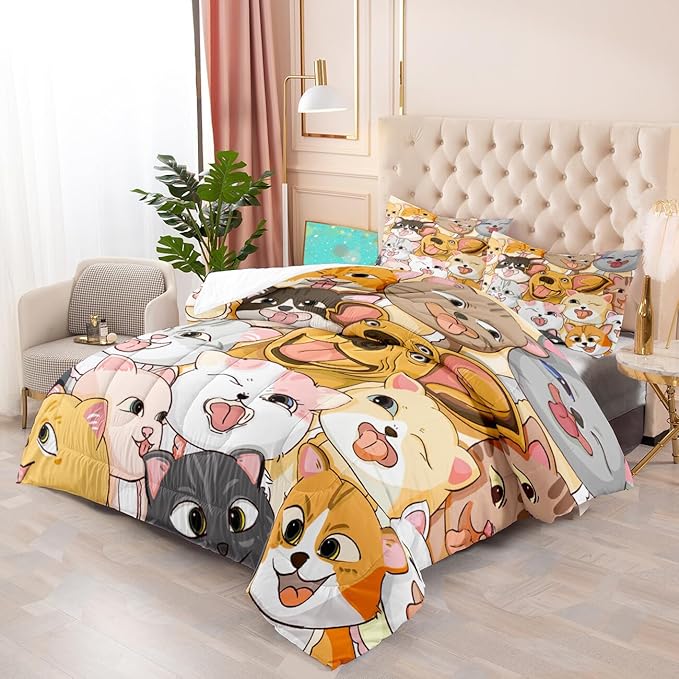 Dogs Comforter Set - Cute Cartoon Puppy Pattern Comforter Set Full Size 3pcs Kitten Dogs Bedding Set Pet Animal Design Kids Room Decor with 1 Comforter and 2 Pillowcases Boys Girls Gift All Season