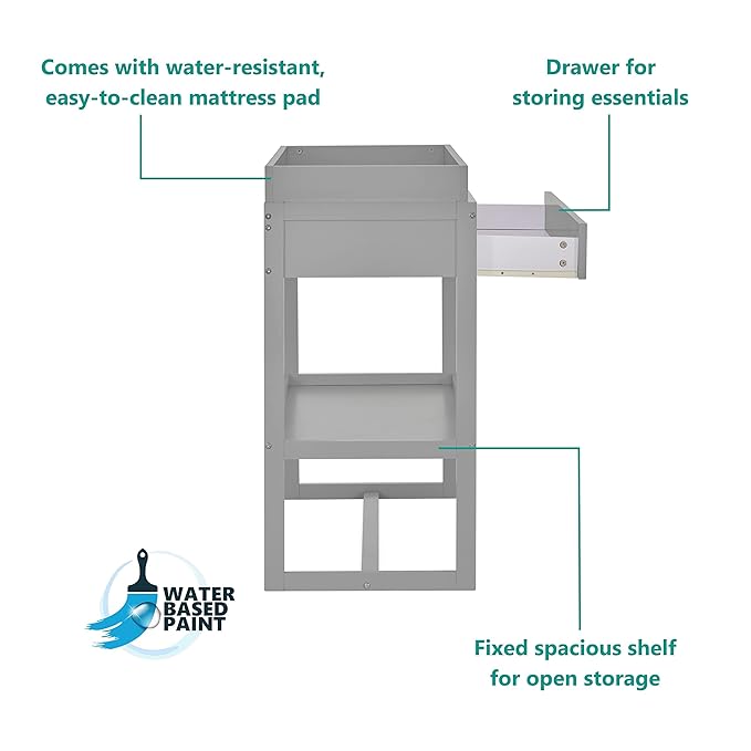 Arlo Changing Table in Pebble Grey, Made of Solid New Zealand Pinewood, Non-Toxic Finish, Comes with Water Resistant Mattress Pad & Safety Strap
