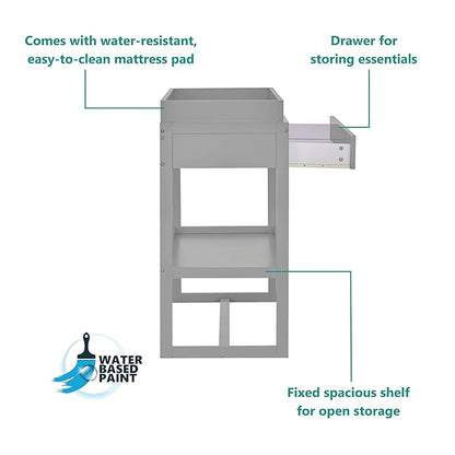 Arlo Changing Table in Pebble Grey, Made of Solid New Zealand Pinewood, Non-Toxic Finish, Comes with Water Resistant Mattress Pad & Safety Strap