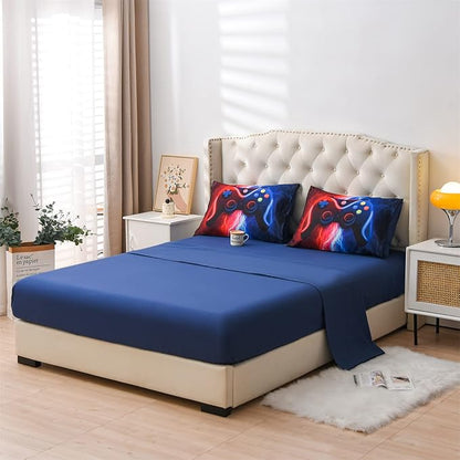 Meeting Story Gamer Gaming Bedding Sets Red Blue Lightnings Gamepad Comforter Set for Boys Games Console Action Buttons Novelty Colorful Modern Room Decor Home Quilt Set (Red-Blue, Full 5Pcs)