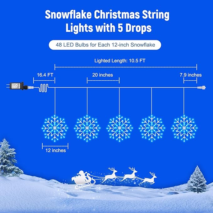Christmas Snowflake Icicle Lights Outdoor - Plug-in 10.5ft 5 Drops 240LED Snowflake Window Lights with 8 Modes, Hanging Lights for Indoor Outdoor Porch Eaves Rooftops Christmas Decor, Blue and White