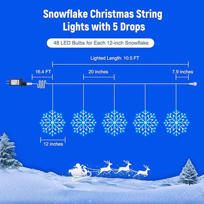 Christmas Snowflake Icicle Lights Outdoor - Plug-in 10.5ft 5 Drops 240LED Snowflake Window Lights with 8 Modes, Hanging Lights for Indoor Outdoor Porch Eaves Rooftops Christmas Decor, Blue and White