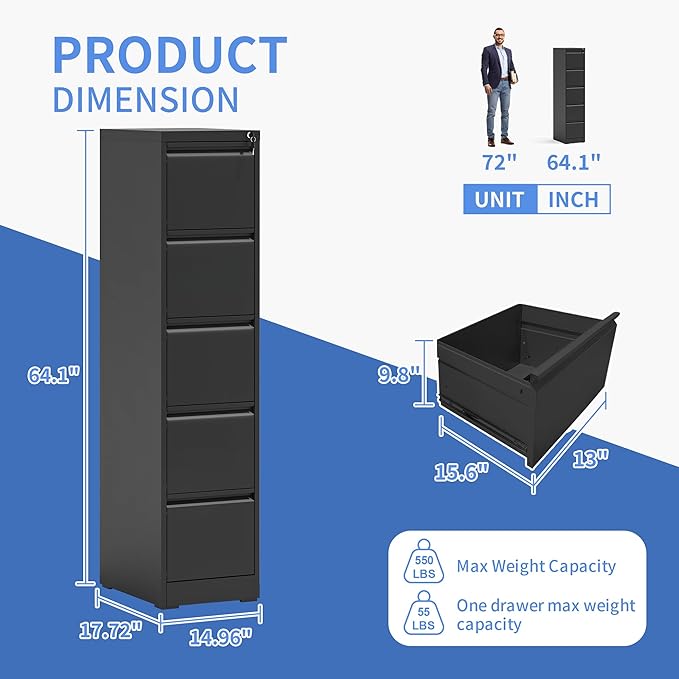5 Drawer Vertical File Cabinet with Lock, File Cabinet for Home Office, Locking File Cabinet Hanging Files for A4/ Legal/Letter(Require Assembly, Black)