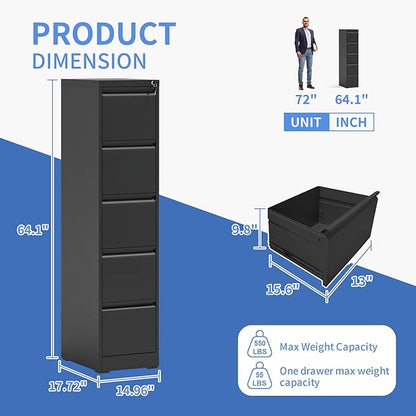 5 Drawer Vertical File Cabinet with Lock, File Cabinet for Home Office, Locking File Cabinet Hanging Files for A4/ Legal/Letter(Require Assembly, Black)