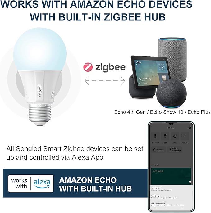 Sengled Zigbee Smart Light Bulbs, Smart Hub Required, Works with SmartThings and Echo with built-in Hub, Voice Control with Alexa and Google Home, Daylight 60W Equivalent A19 Alexa Light Bulb, 10 Pack