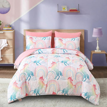 Twin Comforter Set for Girls, 6 Pieces Bed in a Bag, Colorful Unicorn Bedding Comforter Sheet Set, Ultra Soft and Fluffly, Pink & Rainbow Color, Colorful Bed in a Bag for Girls