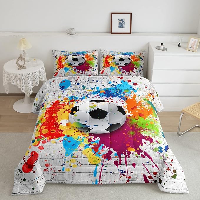Football Bedding Set Rugby Sports Comforter Set Soccer Ball Game Comforter for Boys Girls Children Teens Bedroom Decor Gift for Football Lover Duvet Set Full Size with 2 Pillow Case