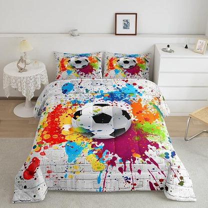Football Bedding Set Rugby Sports Comforter Set Soccer Ball Game Comforter for Boys Girls Children Teens Bedroom Decor Gift for Football Lover Duvet Set Full Size with 2 Pillow Case