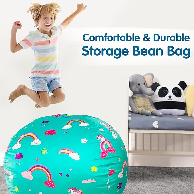 Lukeight Unicorns Stuffed Animal Storage Bean Bag Chair Cover for Kids, Unicorns Zipper Beanbag Chair Cover for Organizing Toddler & Kids' Rooms Plush Toys (Rainbow Green, Large)