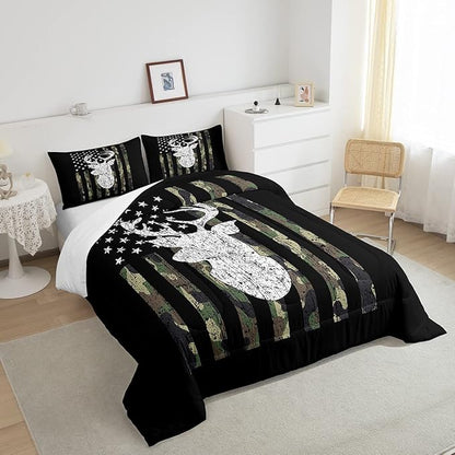 American Flag Comforter Set,Deer Hunting Down Comforter King,Army Green Military Camo Bedding Set For Boys Teens Kids Man,Western Farmhouse Stars Stripes Bedding Quilt Set Bedroom Decor 3 Pcs