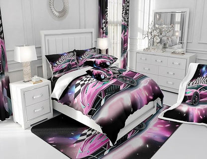 Pink Race Car Bedding Set Full Size,Racing Flag Black White Lattice Duvet Cover with 2 Pillowcases,Extreme Sport Game Comforter Cover for Kids Youths Boys Girls Room Decor,Modern Quilt Cover