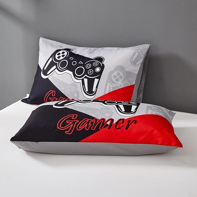 Gaming Comforter Sets for Kids Teen Boys,Video Games Controller Pattern Bedding Set for Room Decor, Queen Size 3-Piece Reddish Black Gamer Comforter with Pillowcase,All Season(Red,Queen)