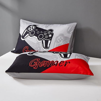 Gaming Comforter Sets for Kids Teen Boys,Video Games Controller Pattern Bedding Set for Room Decor, Queen Size 3-Piece Reddish Black Gamer Comforter with Pillowcase,All Season(Red,Queen)