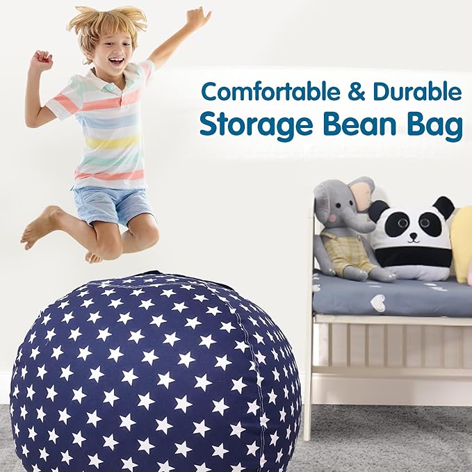 Lukeight Stuffed Animal Storage Bean Bag Chair Cover for Kids, Zipper Beanbag Chair Cover for Organizing Toddler & Kids' Rooms Plush Toys (Stars Navy, X-Large)