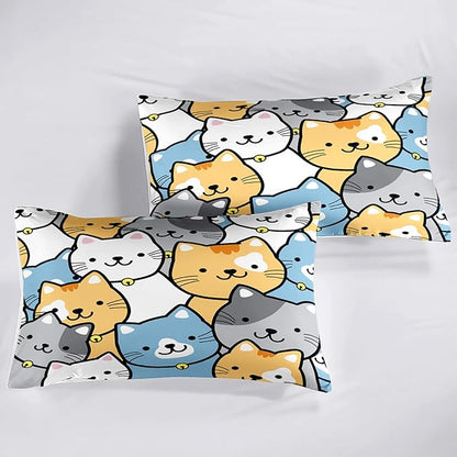 Kids Cat Comforter Set - Cat Comforter - Queen Size Comforter Set for Kids Kawaii Cat Bedding Set Cartoon Cats Print Bedding Sets for Girls Kids Cute Cat Quilt Sets with 2 Pillowcases