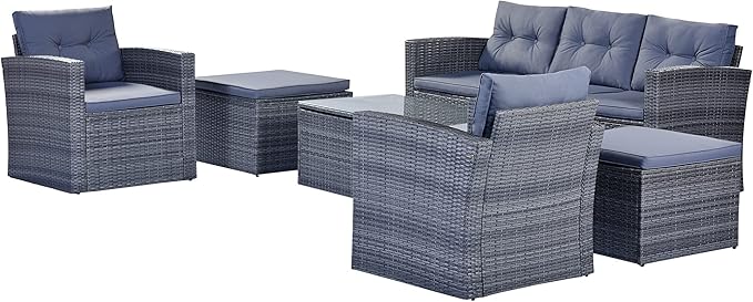 Merax Furniture 6-Piece All-Weather PE Rattan Patio Outdoor Conversation Set with Coffee Table,Wicker Sofas,Ottomans,Removable Cushions,Grey