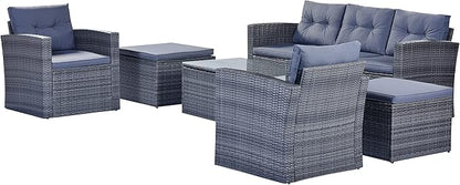 Merax Furniture 6-Piece All-Weather PE Rattan Patio Outdoor Conversation Set with Coffee Table,Wicker Sofas,Ottomans,Removable Cushions,Grey
