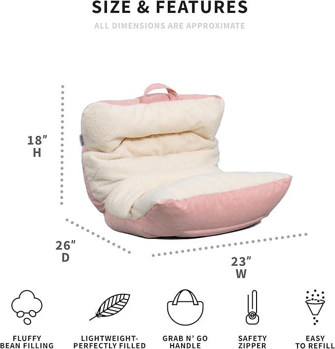 Big Joe Roma Kid's Bean Bag Chair, Oat Sherpa and Desert Rose, Vegan Suede, 2 feet