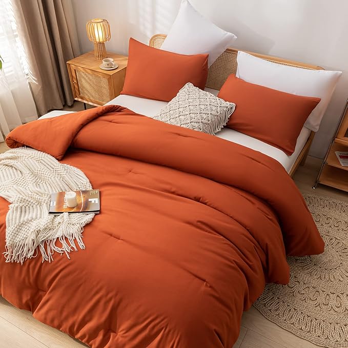 Terracotta Queen Comforter Solid Color 3PCS Boho Bed Comforter Set Queen Size Soft Lightweight Down Alternative Microfiber Comforter for All Season (1 Comforter, 2 Pillowcases)