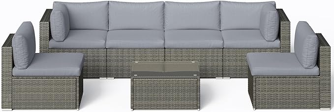 SUNVIVI OUTDOOR 7 Piece Patio Furniture Sets All Weather Gery PE Wicker Couch Sofa with Glass Table, Removable Grey Cushions