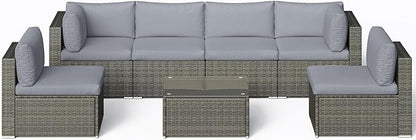 SUNVIVI OUTDOOR 7 Piece Patio Furniture Sets All Weather Gery PE Wicker Couch Sofa with Glass Table, Removable Grey Cushions