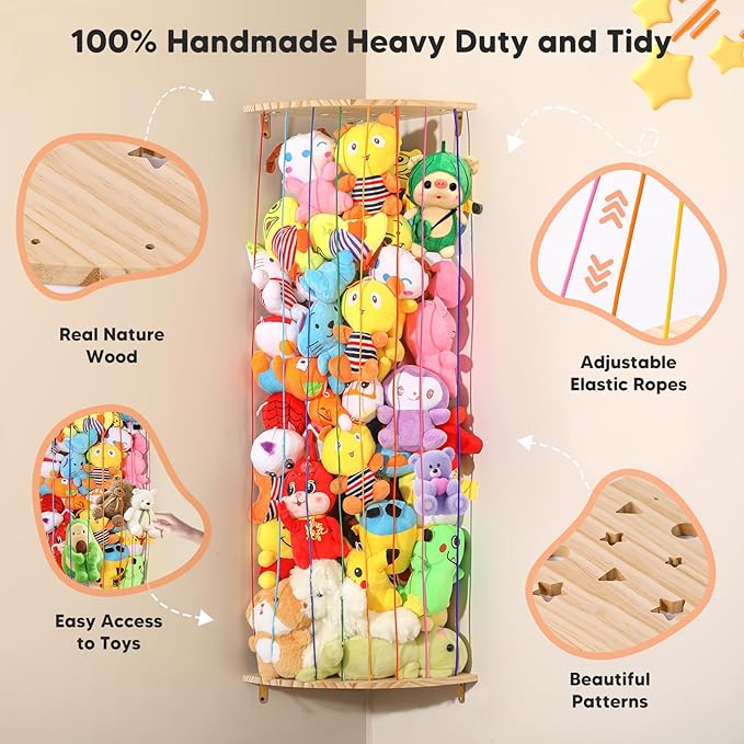 Stuffed Animal Storage Toy Organizer, Wood Corner Plushies Storage Wall Shelf Adjustable Length Stuffed Animal Holder, Large Kids Toy Storage for Nursery Playroom Bedroom Kid Room