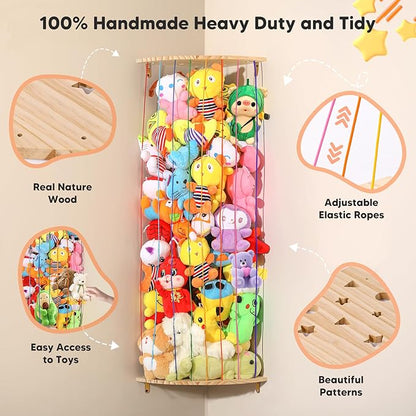 Stuffed Animal Storage Toy Organizer, Wood Corner Plushies Storage Wall Shelf Adjustable Length Stuffed Animal Holder, Large Kids Toy Storage for Nursery Playroom Bedroom Kid Room