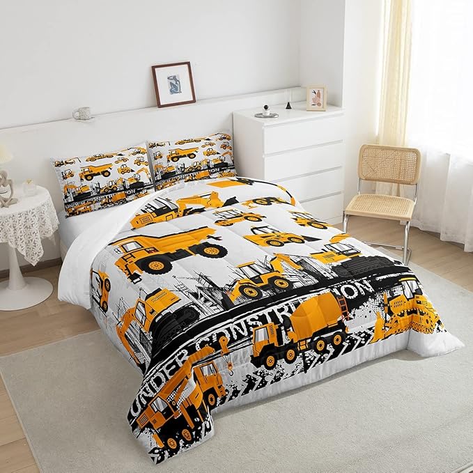 Feelyou Under Construction Comforter Set Vehicles Truck Car Bedding Set for Kids Boys Girls Children Cartoon Excavator Comforter Room Decor Machinery Bulldozer Crane Duvet Set Twin Size