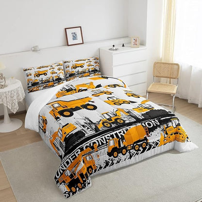 Feelyou Under Construction Comforter Set Vehicles Truck Car Bedding Set for Kids Boys Girls Children Cartoon Excavator Comforter Room Decor Machinery Bulldozer Crane Duvet Set Twin Size