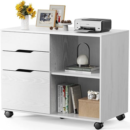 Sweetcrispy 3-Drawer File Cabinet, Lateral Mobile Filing Cabinet Wood Under Desk Storage Organizer with Wheels, Printer Stand & Open Shelves for Home Office Organization - White