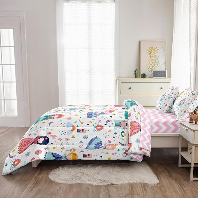 Girls Twin Bedding Sets, Kids Comforter Set for Teens w/Sheets and Pillowcase, Soft Reversible Cartoon Princess Bed in a Bag Sets
